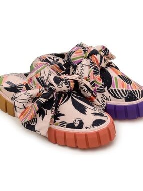 FARM Rio Pink Floral Bow Mules with Multicolor Colorblock Soles